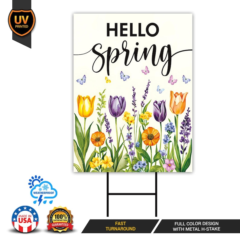 Hello Spring Tulip Lavender Yard Sign - Seasonal Flower Outdoor Lawn Decorations, Easter Hello Spring Yard Decor with Metal H-Stake