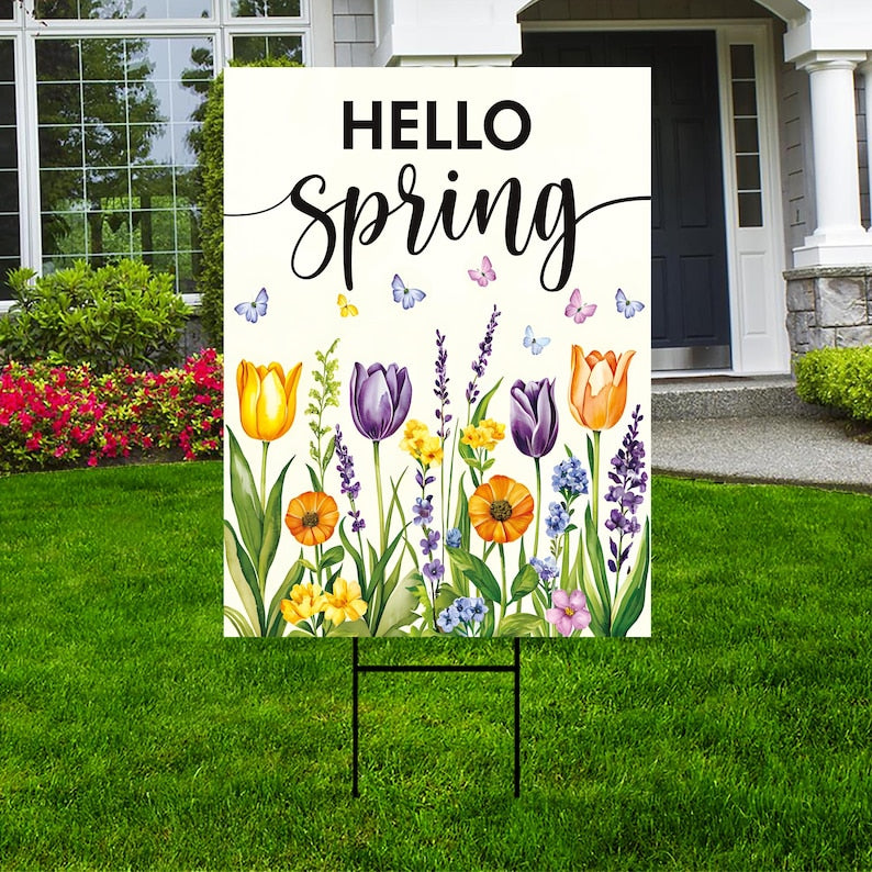 Hello Spring Tulip Lavender Yard Sign - Seasonal Flower Outdoor Lawn Decorations, Easter Hello Spring Yard Decor with Metal H-Stake