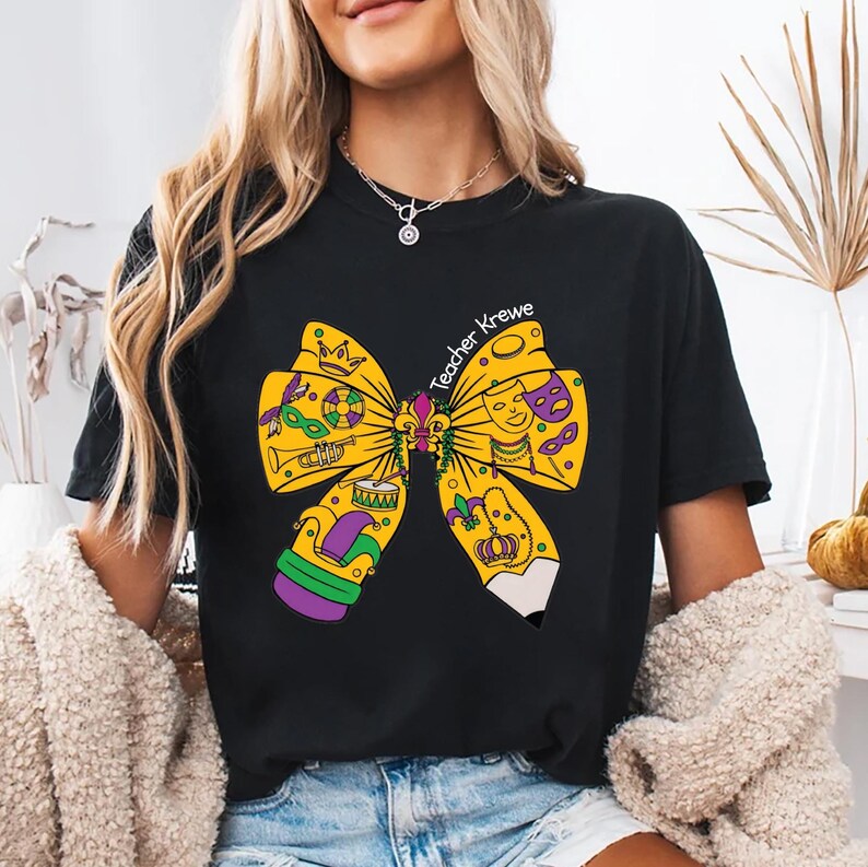 Teacher Mardi Gras Short Sleeve T-Shirt, Coquette Pencil Bow Shirt