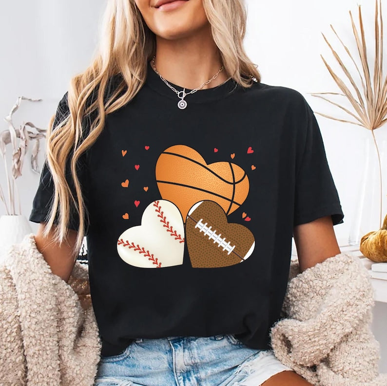 Heart Football Short Sleeve T-Shirt, Basketball Valentine's Day Shirt