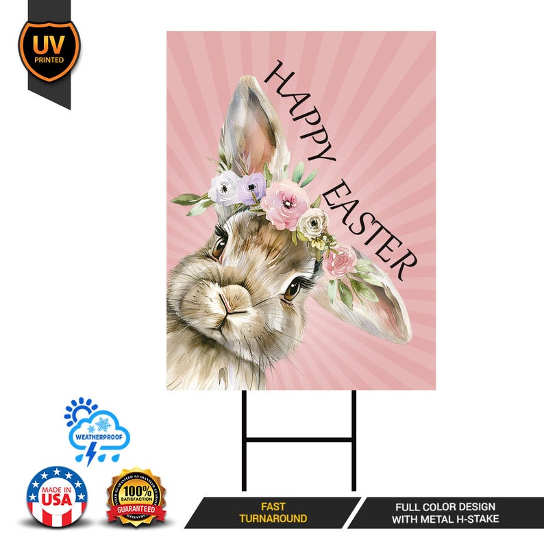 Happy Easter Bunny Welcome Yard Sign, Rabbit Flower Easter Day Yard Holiday Decorations, Easter Bunnies Garden Lawn Signs with Metal H-Stake