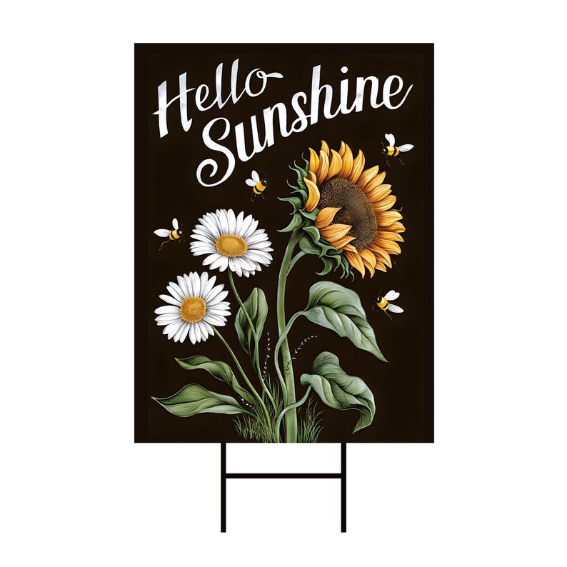 Daisy Sunflower Hello Sunshine Yard Sign, Summer Seasonal Yard Holiday Decorations, Sunflower Summer Garden Lawn Signs with Metal H-Stake