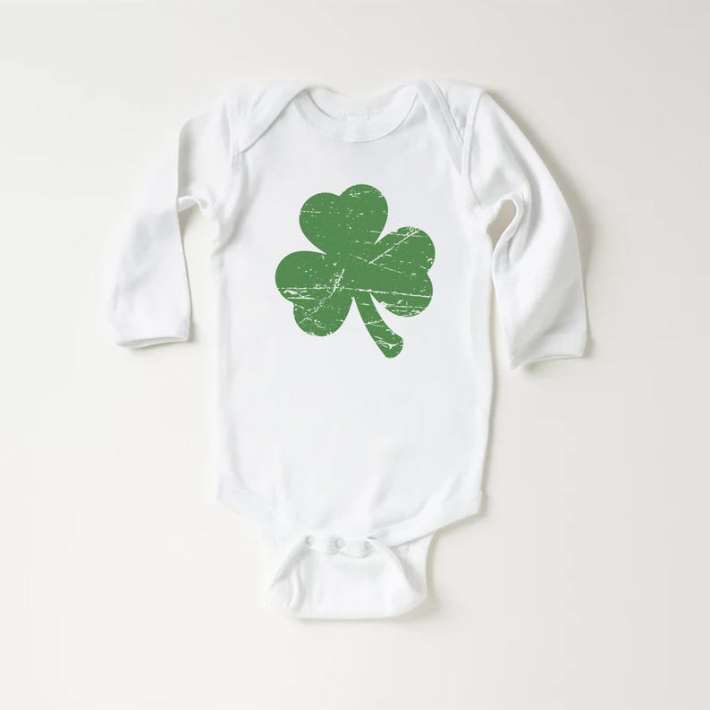 Retro Shamrock Baby Shirt, Cute Irish Four Leaf Clover Kids Outfit