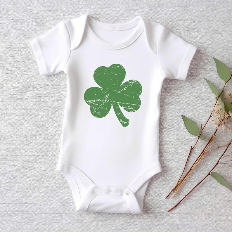 Retro Shamrock Baby Shirt, Cute Irish Four Leaf Clover Kids Outfit