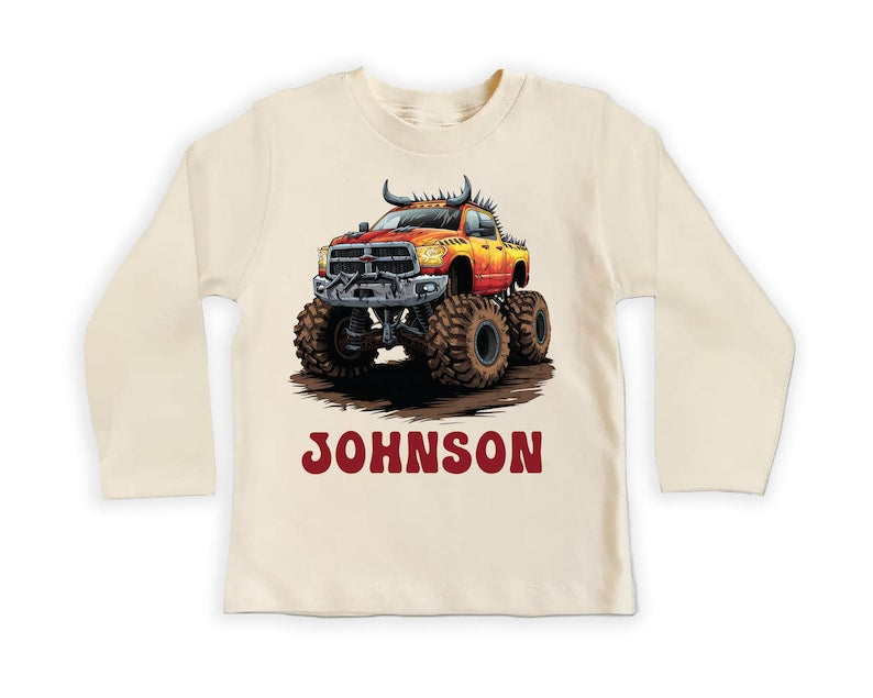 Personalized Monster Truck Baby Shirt, Off-road Kids Outfit, Custom Name Birthday Gift