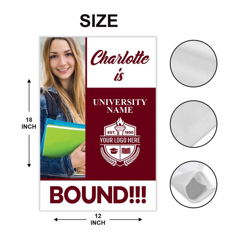 Personalized College Bound Garden Flag, Double Sided, Custom Photo & College Logo, Class of 2025 Yard Sign, Graduation 2025 University Flag