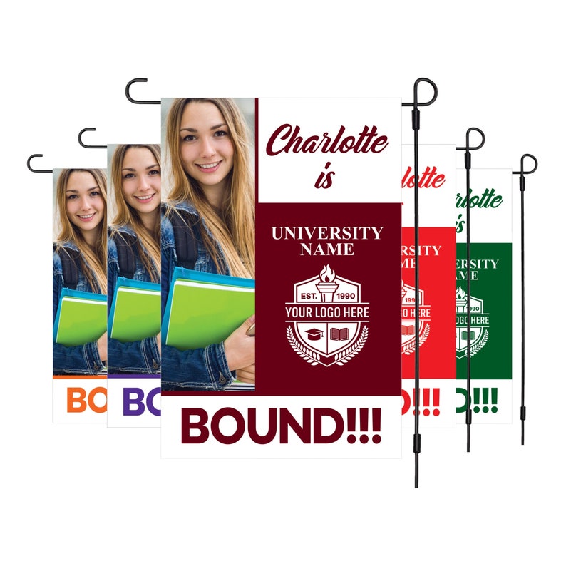 Personalized College Bound Garden Flag, Double Sided, Custom Photo & College Logo, Class of 2025 Yard Sign, Graduation 2025 University Flag