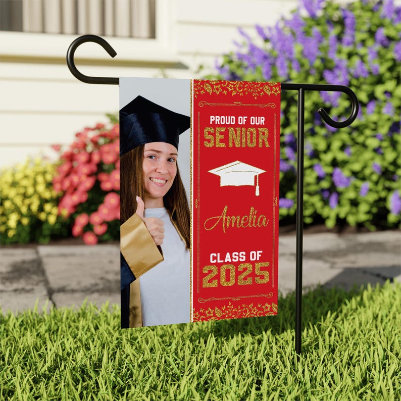 Personalized Graduation Garden Flag with Photo, Double Sided, Custom Name & School, Senior Graduation 2025 Yard Sign, Class of 2025 Flag