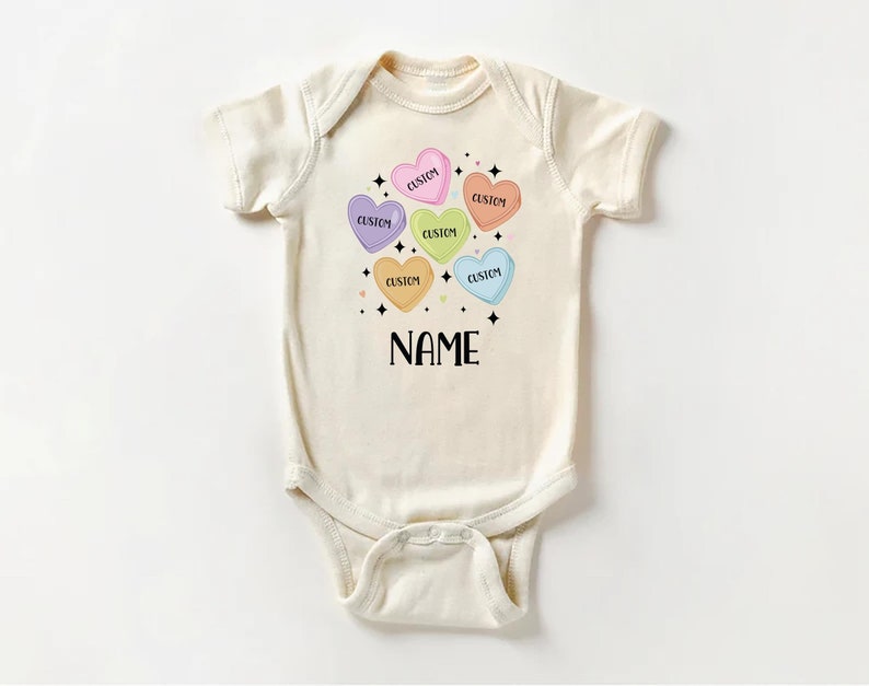 Custom Candy Hearts Baby Bodysuit, Personalized Valentine’s Day Outfit