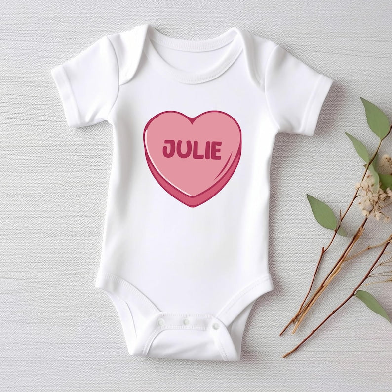 Candy Heart Name Baby Sweatshirt, Custom Name Valentine’s Day Outfit for Baby Girls