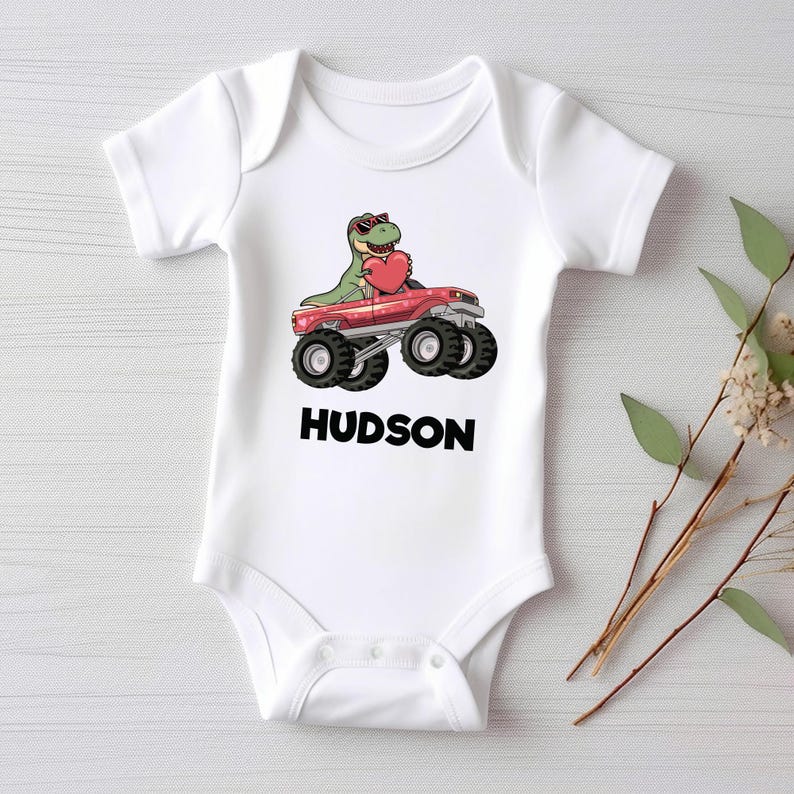 Personalized Dino Valentine Baby Bodysuit, Cute Dinosaur Kids Gift