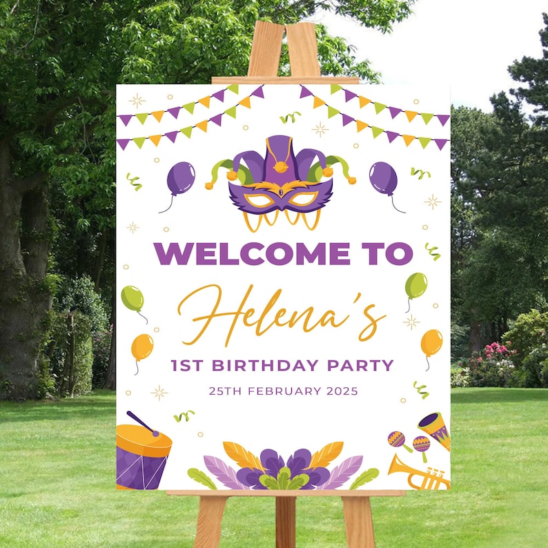 Mardi Gras Birthday Foam Board Poster Welcome Sign, Krewe Carnival Birthday Custom Foamcore Sign