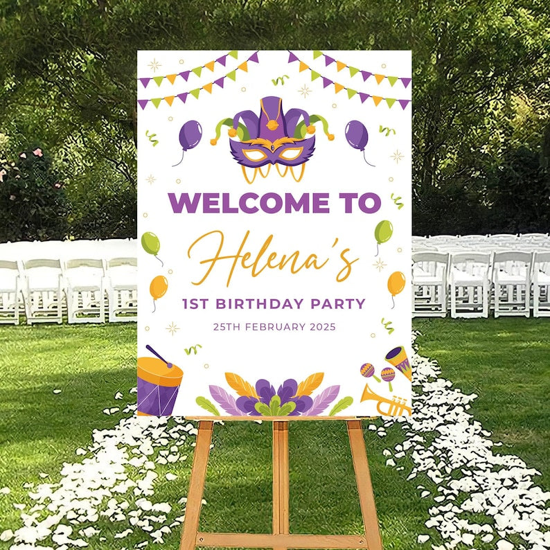 Mardi Gras Birthday Foam Board Poster Welcome Sign, Krewe Carnival Birthday Custom Foamcore Sign