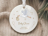 Personalized Stork Baby Announcement Ornament, Pregnancy Announcement Ceramic Keepsake