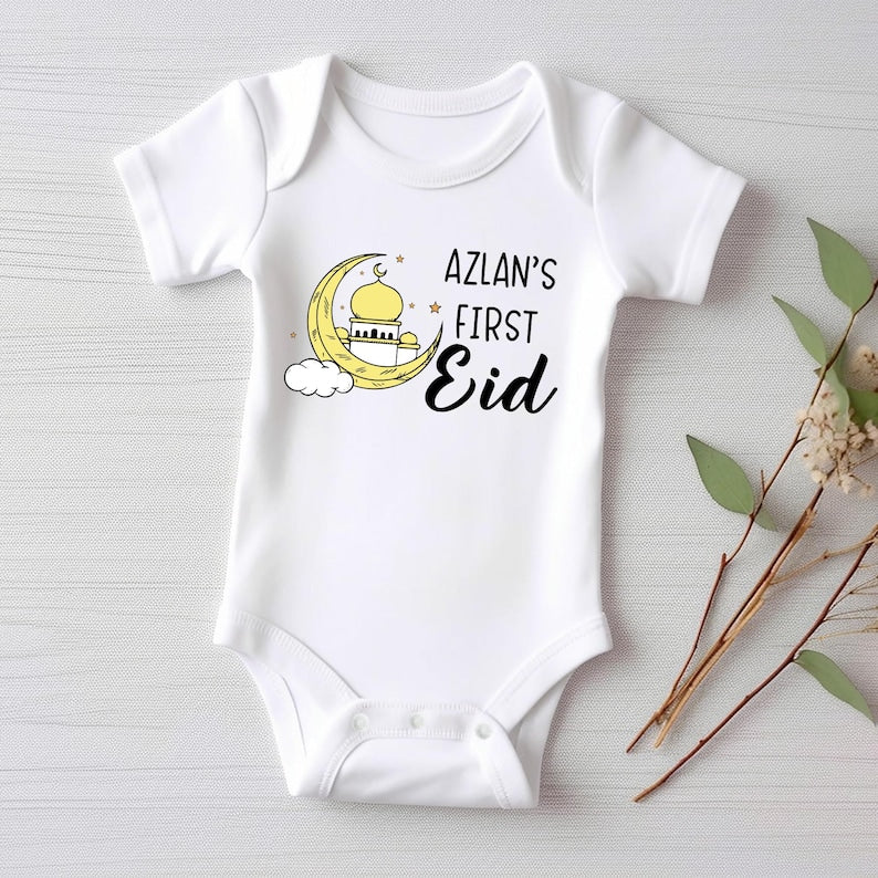 Custom My First Eid Baby Shirt, Muslim Eid Mubarak Outfit for 1st Eid