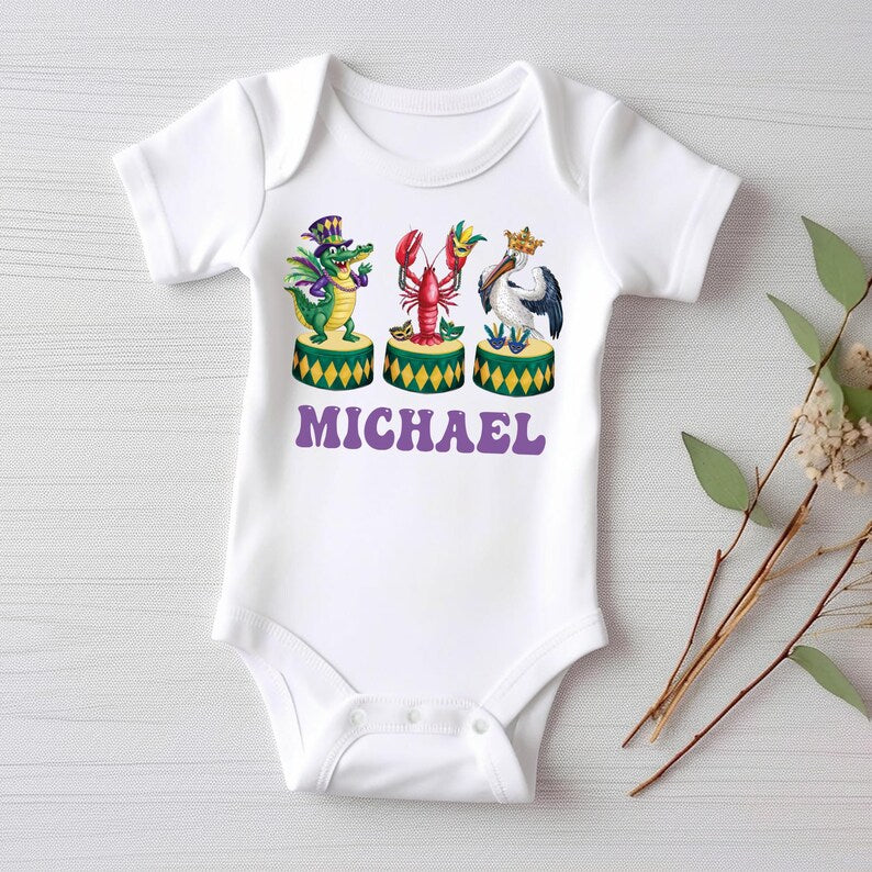 Personalized Mardi Gras Baby Bodysuit, Adorable Mardi Gras Parade Outfit