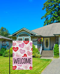 Valentine's Day Welcome Garden Flag, 12x18 Inch Double Sided, Welcome Candy Love Hearts Anniversary Flag, Happy Valentine’s Day Flag