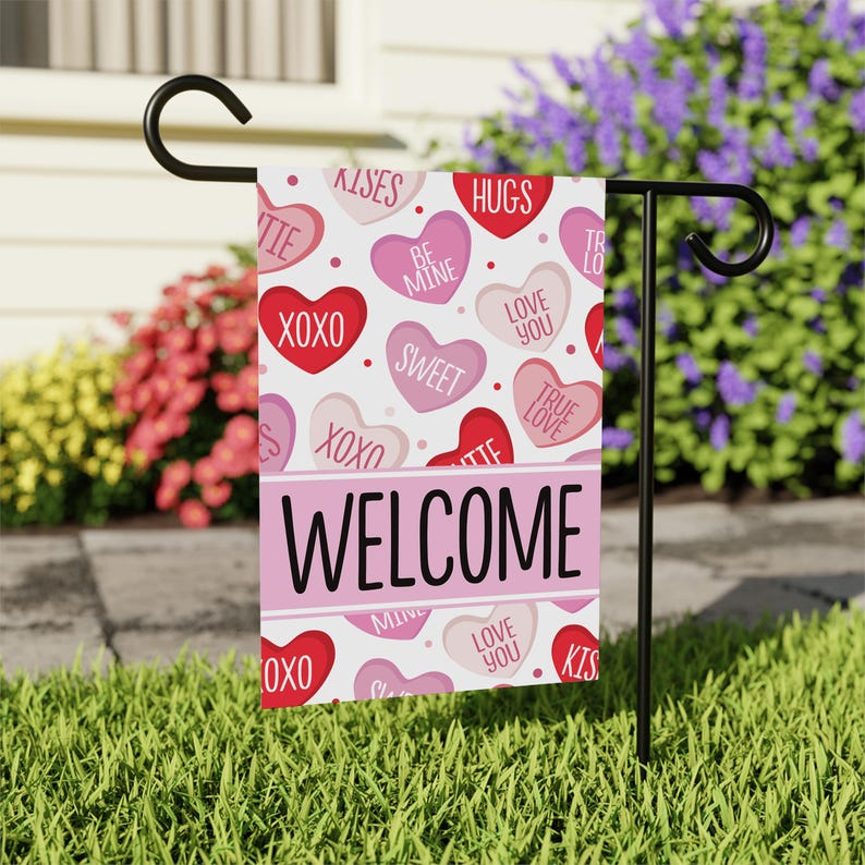 Valentine's Day Welcome Garden Flag, 12x18 Inch Double Sided, Welcome Candy Love Hearts Anniversary Flag, Happy Valentine’s Day Flag