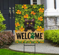 St Patrick's Day Yard Sign - Coroplast Irish Shamrock Yard Decorations, Black Cat Welcome Shamrocks Holiday Yard Sign with Metal H-Stake