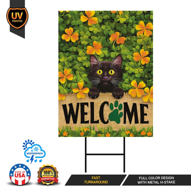 St Patrick's Day Yard Sign - Coroplast Irish Shamrock Yard Decorations, Black Cat Welcome Shamrocks Holiday Yard Sign with Metal H-Stake