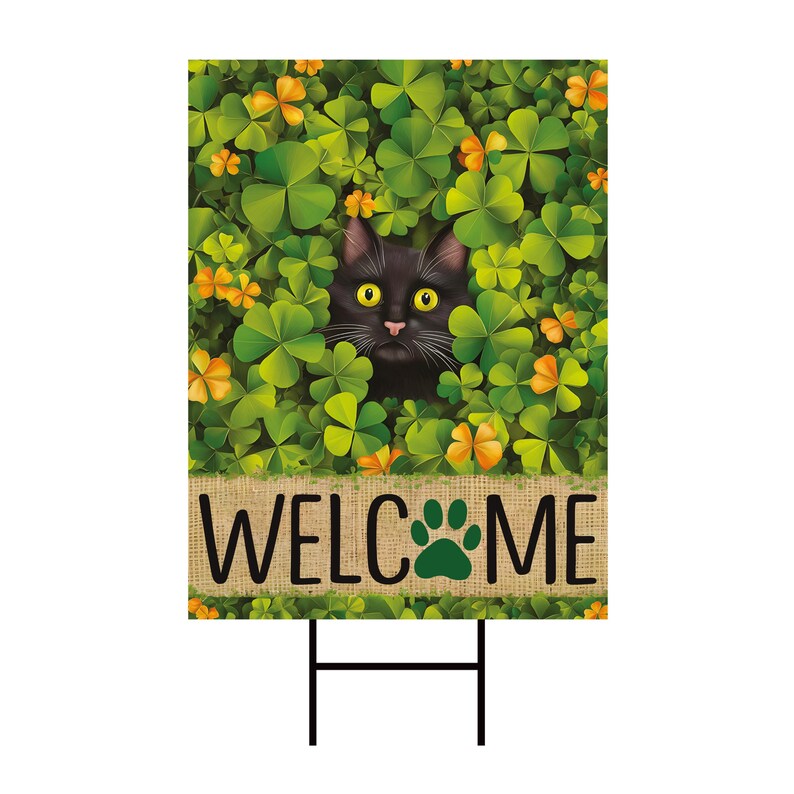 St Patrick's Day Yard Sign - Coroplast Irish Shamrock Yard Decorations, Black Cat Welcome Shamrocks Holiday Yard Sign with Metal H-Stake