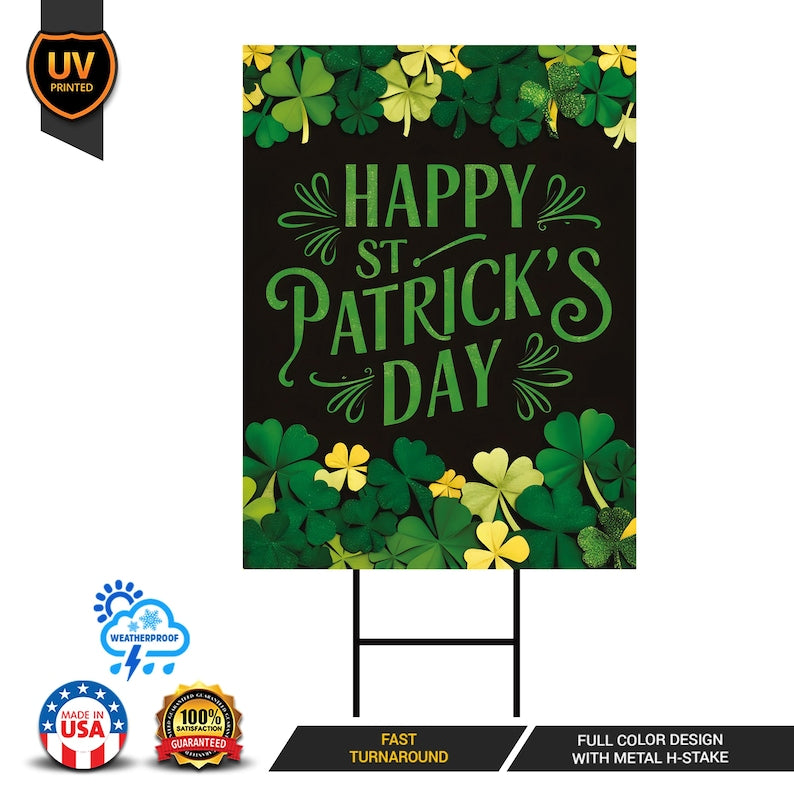 Happy St Patrick's Day Yard Sign, Coroplast Irish Shamrock Yard Decorations, Green Lucky Clover Welcome Holiday Lawn Sign with Metal H-Stake