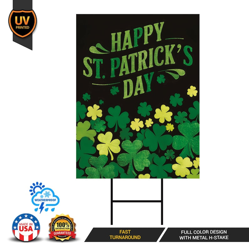 Happy St Patrick's Day Yard Sign, Coroplast Irish Shamrock Yard Decorations, Green Lucky Clover Welcome Holiday Lawn Sign with Metal H-Stake