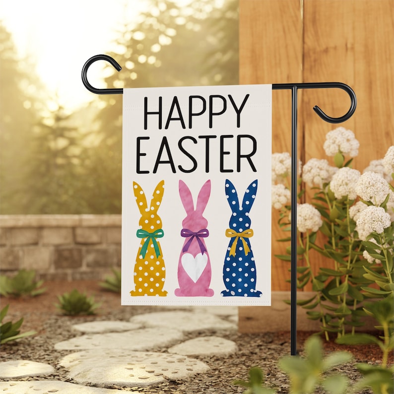 Happy Easter Polka Dot Rabbit Welcome Garden Flag, 12x18 Inch Double Sided, Love Heart Bunny Bow Easter Day Yard Decorations, Bunny Flag