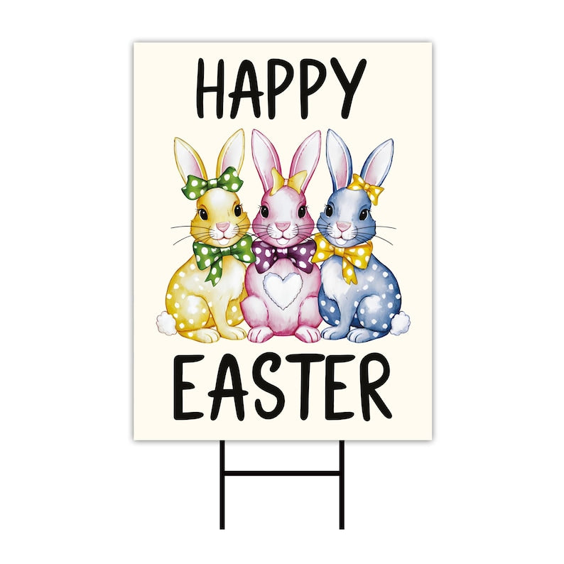 Happy Easter Polka Dot Rabbit Welcome Yard Sign, Love Heart Bunny Bow Easter Day Decorations, Polka Dot Bunny Lawn Signs with Metal H-Stake