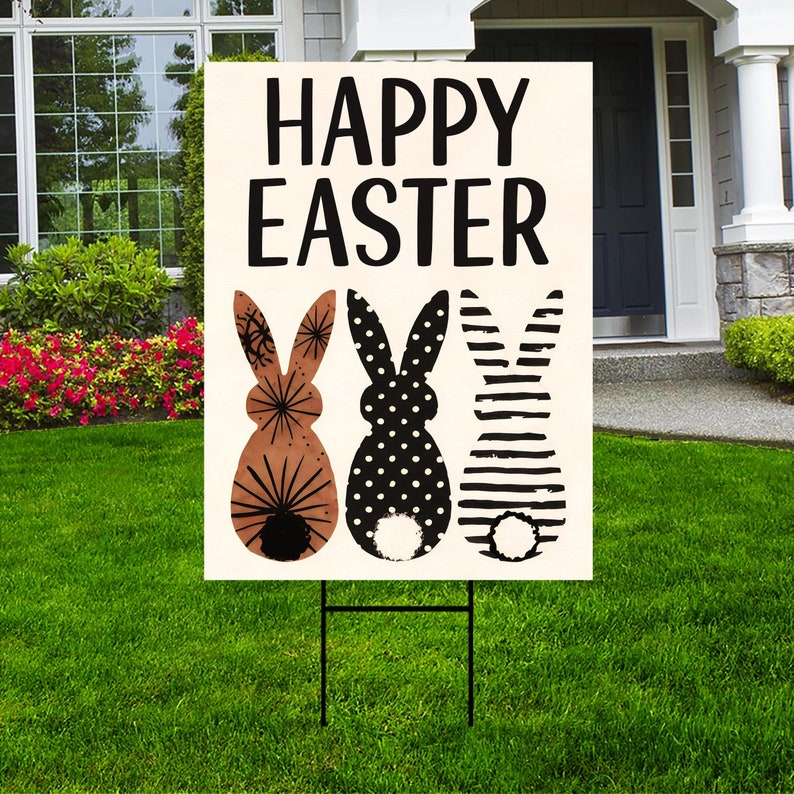 Happy Easter Bunnies Welcome Yard Sign, Rabbit Easter Day Yard Holiday Decorations, Easter Bunnies Garden Lawn Signs with Metal H-Stake