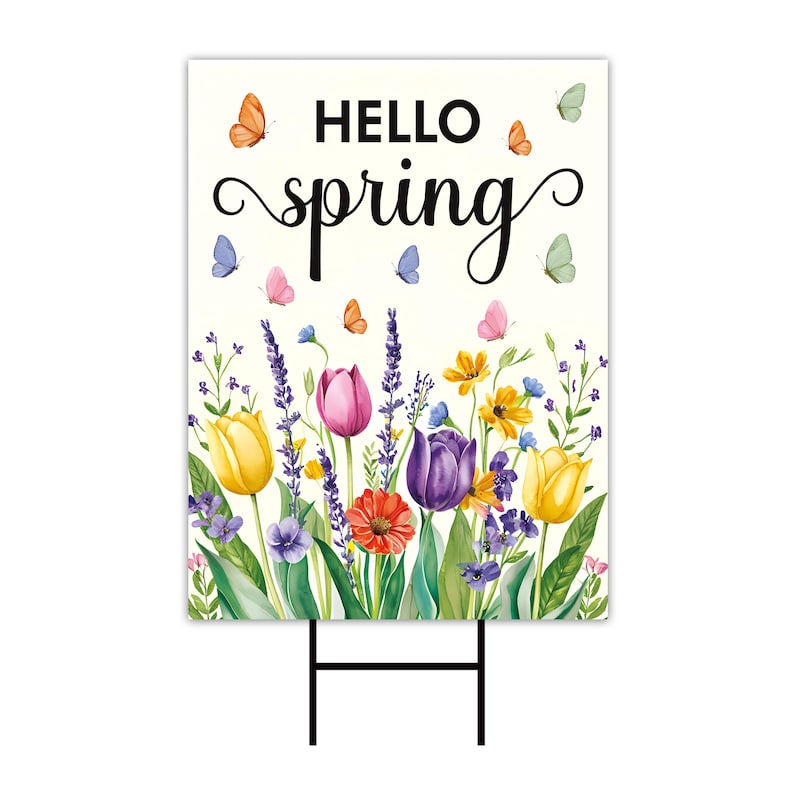 Hello Spring Tulip Lavender Yard Sign - Seasonal Flower Outdoor Lawn Decorations, Easter Hello Spring Yard Decor with Metal H-Stake