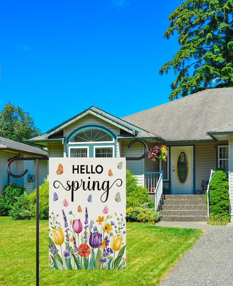 Hello Spring Tulip Lavender Welcome Garden Flag, 12x18 Inch Double Sided, Seasonal Flower Yard Holiday Decorations, Easter Hello Spring Flag