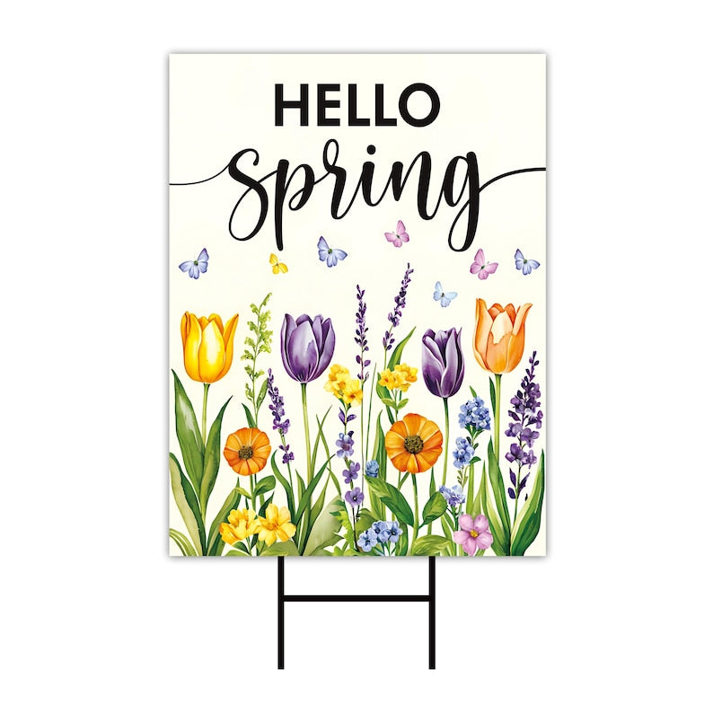 Hello Spring Tulip Lavender Yard Sign - Seasonal Flower Outdoor Lawn Decorations, Easter Hello Spring Yard Decor with Metal H-Stake