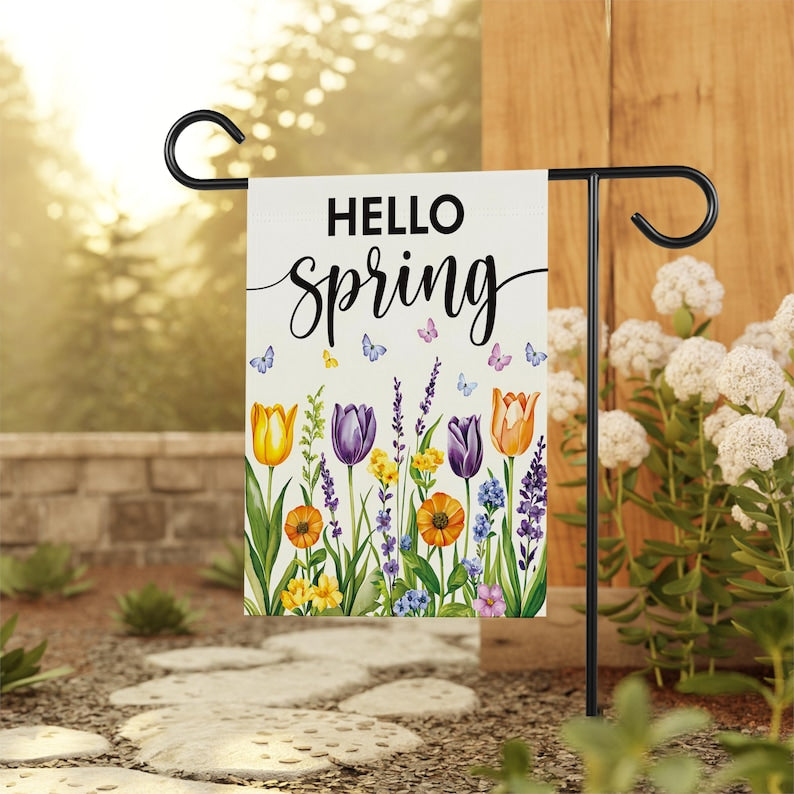 Hello Spring Tulip Lavender Welcome Garden Flag, 12x18 Inch Double Sided, Seasonal Flower Yard Holiday Decorations, Easter Hello Spring Flag