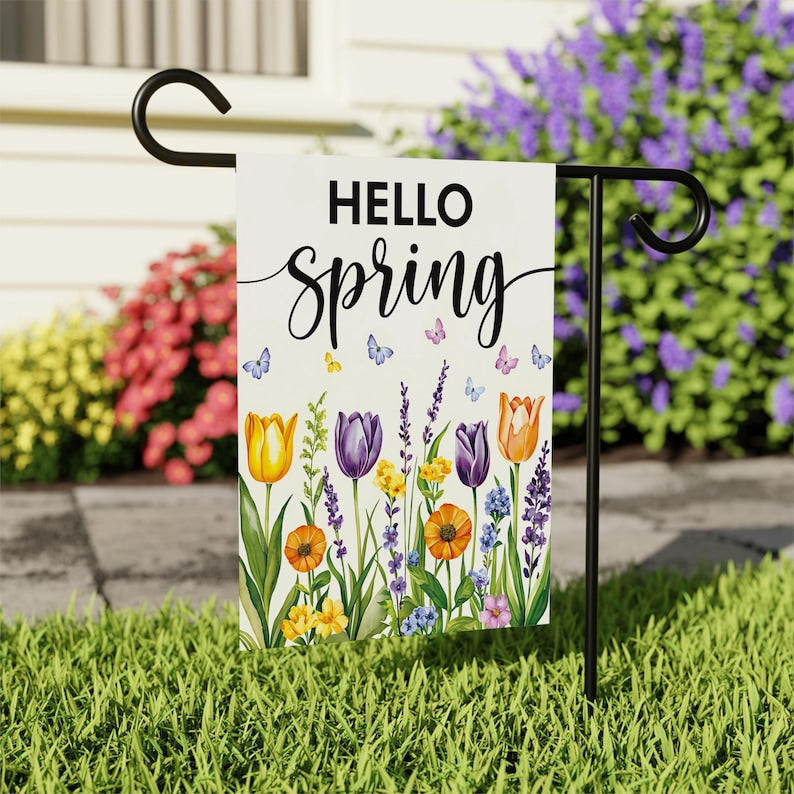 Hello Spring Tulip Lavender Welcome Garden Flag, 12x18 Inch Double Sided, Seasonal Flower Yard Holiday Decorations, Easter Hello Spring Flag