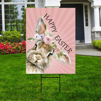 Happy Easter Bunny Welcome Yard Sign, Rabbit Flower Easter Day Yard Holiday Decorations, Easter Bunnies Garden Lawn Signs with Metal H-Stake