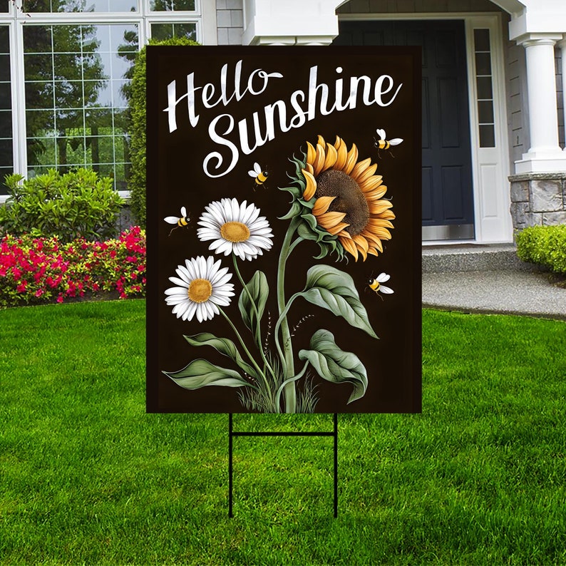 Daisy Sunflower Hello Sunshine Yard Sign, Summer Seasonal Yard Holiday Decorations, Sunflower Summer Garden Lawn Signs with Metal H-Stake