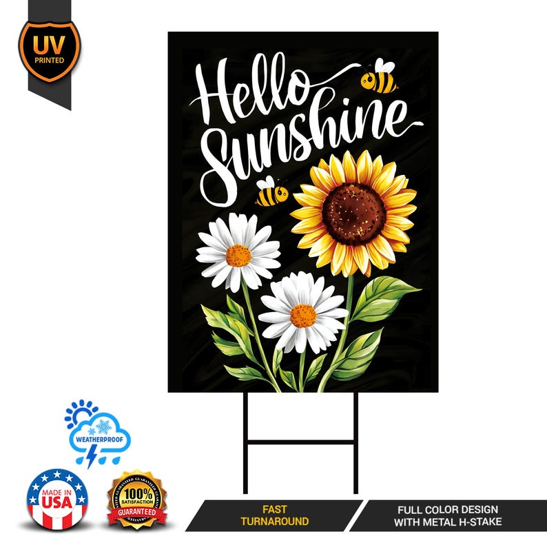 Daisy Sunflower Hello Sunshine Yard Sign, Summer Seasonal Yard Holiday Decorations, Sunflower Summer Garden Lawn Signs with Metal H-Stake