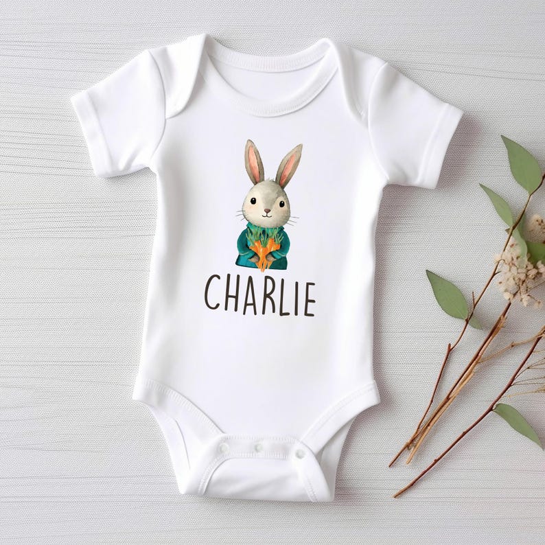 Personalized Name Bunny Boys Baby Bodysuit, Baby Shirt, Toddler Sweatshirt - Custom Easter Rabbit Gift