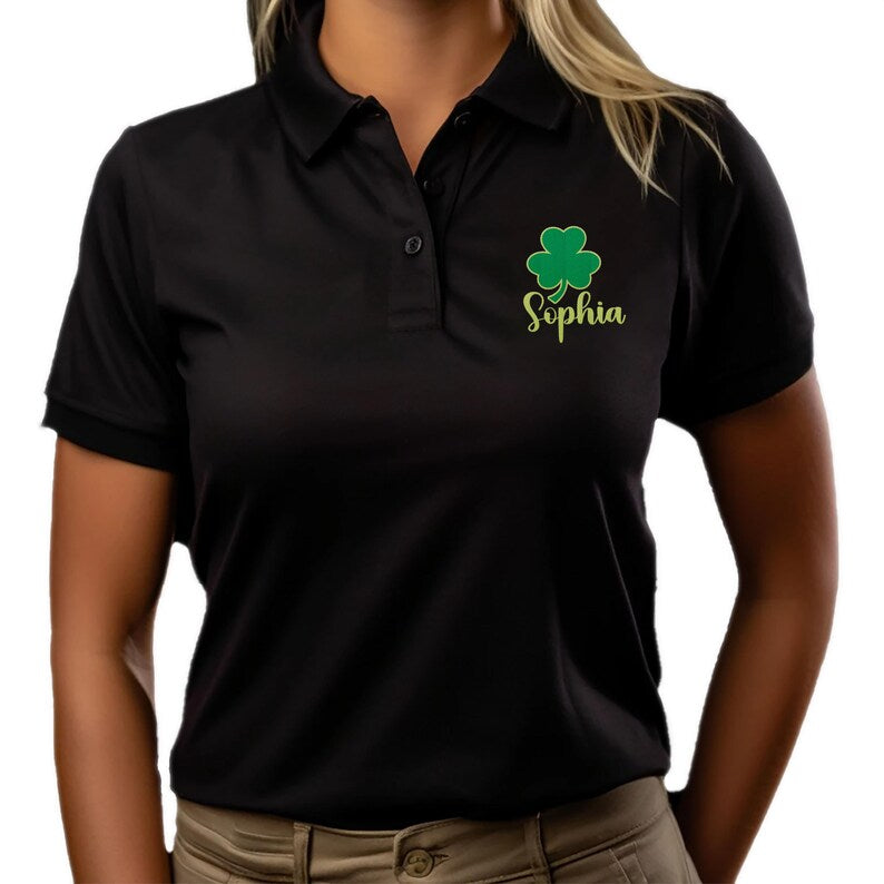 Custom Name Shamrock Embroidered Polo Shirt for Men and Women(Women)