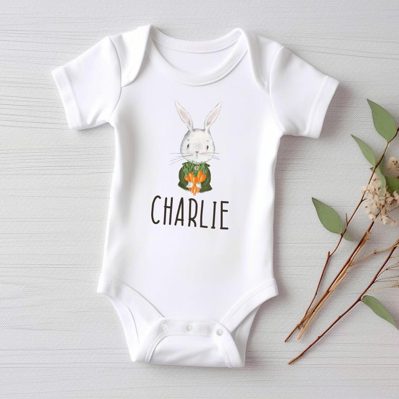 Personalized Name Bunny Boys Baby Bodysuit, Baby Shirt, Toddler Sweatshirt - Custom Easter Rabbit Gift