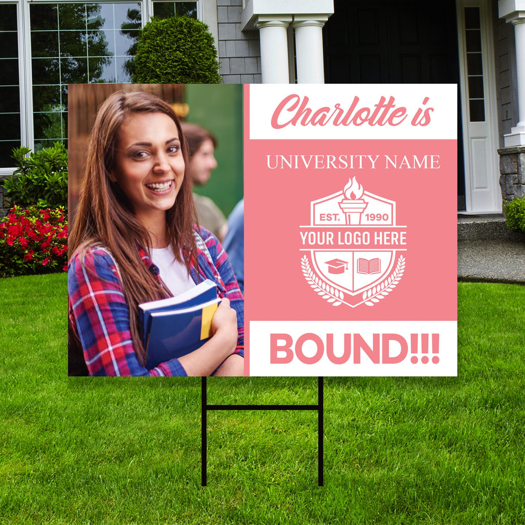 Personalized College Bound Yard Sign with Photo, College Logo Sign, Custom Graduate College University Bound Yard Sign with Metal H-Stake