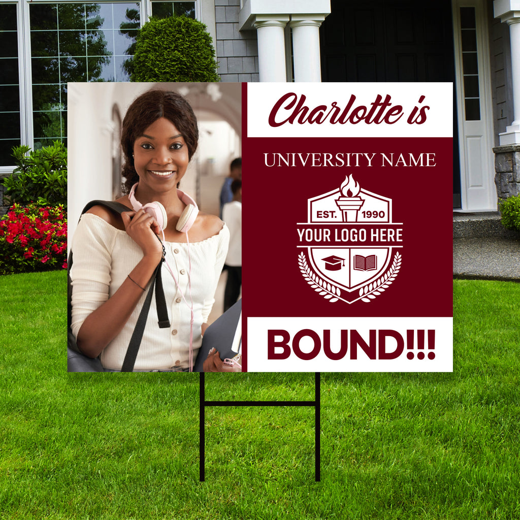 Personalized College Bound Yard Sign with Photo, College Logo Sign, Custom Graduate College University Bound Yard Sign with Metal H-Stake