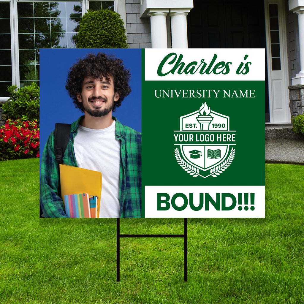 Personalized College Bound Yard Sign with Photo, College Logo Sign, Custom Graduate College University Bound Yard Sign with Metal H-Stake