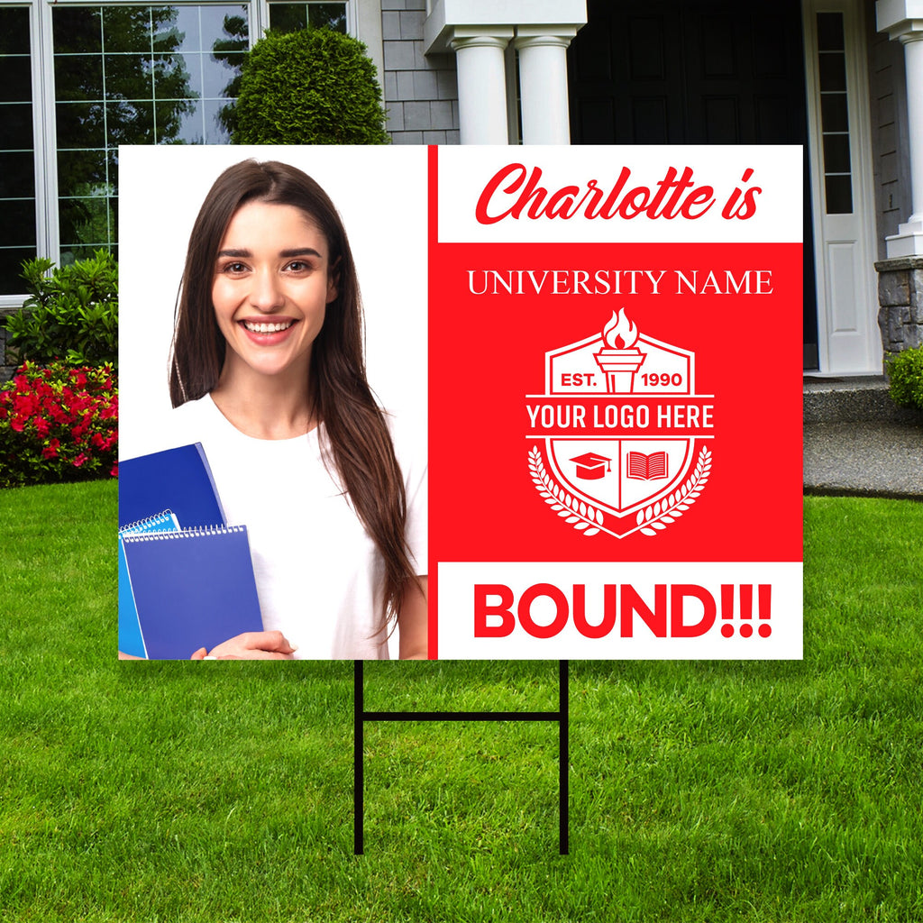 Personalized College Bound Yard Sign with Photo, College Logo Sign, Custom Graduate College University Bound Yard Sign with Metal H-Stake