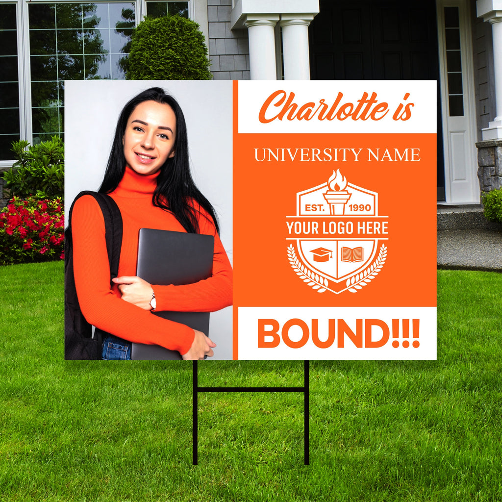 Personalized College Bound Yard Sign with Photo, College Logo Sign, Custom Graduate College University Bound Yard Sign with Metal H-Stake