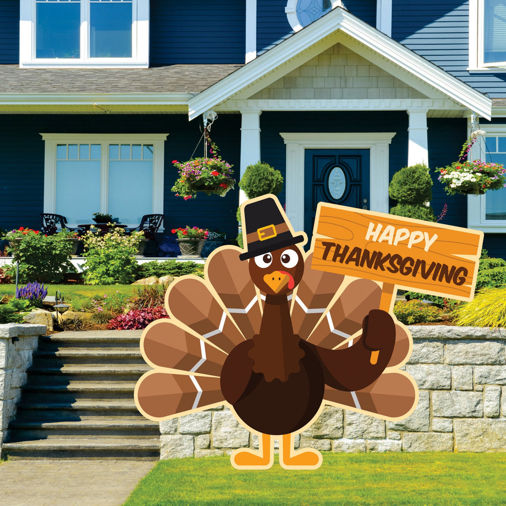 Thanksgiving Turkey Yard Sign - Aluminum Happy Thanksgiving Turkey Yard Sign Lawn Decorations with Integrated Stake