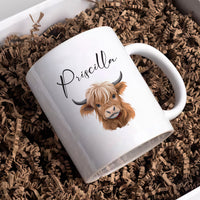 Personalized Cute Highland Cow Mug - Custom Name Coffee Cup for Cow Lover, Unique Highland Cow Gift For Birthday's Christmas Office Coworker