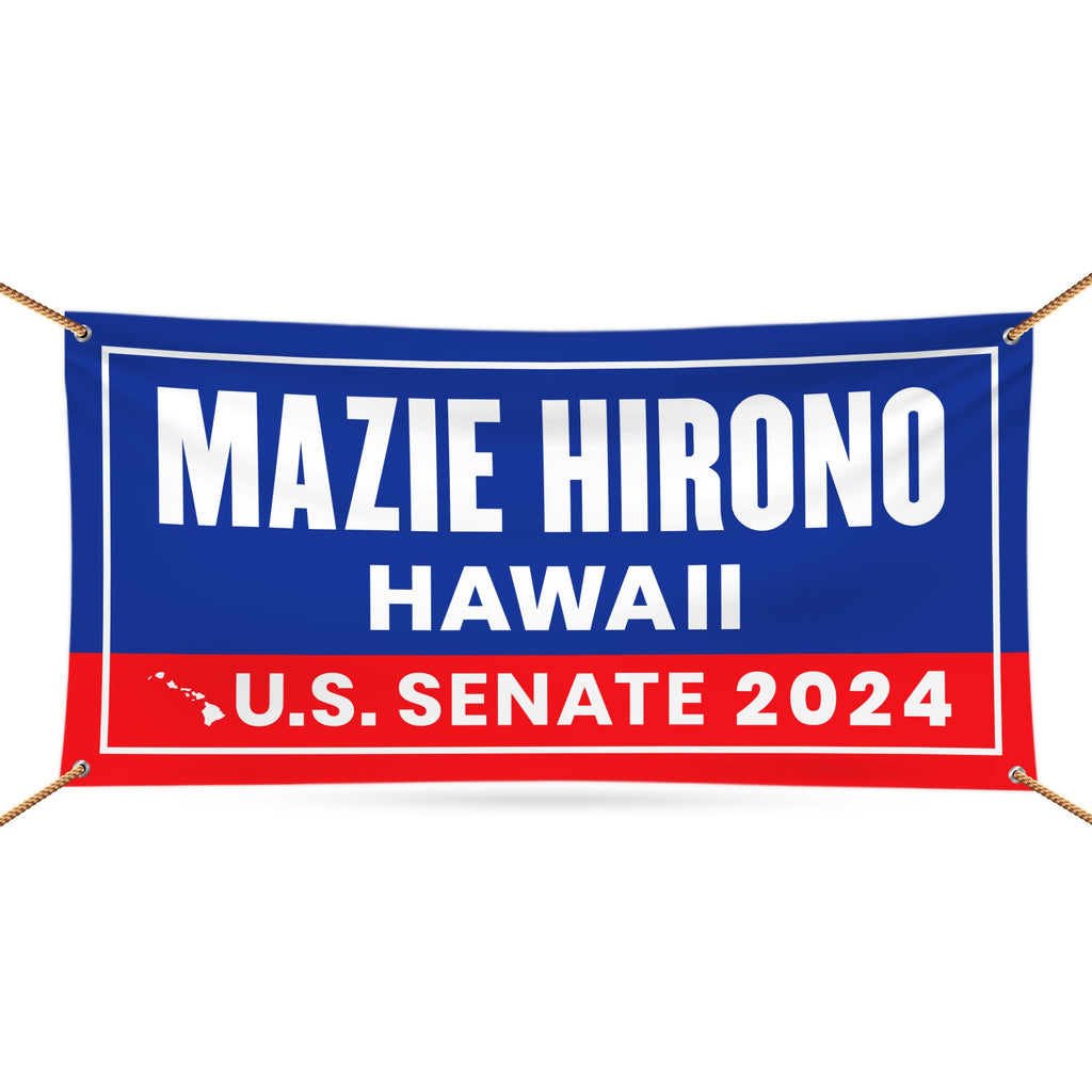 a blue and red banner that says mazie hirono hawaii