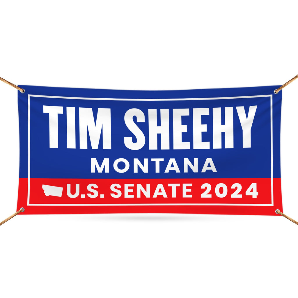 a red, white, and blue banner with the words tim sheehy montana